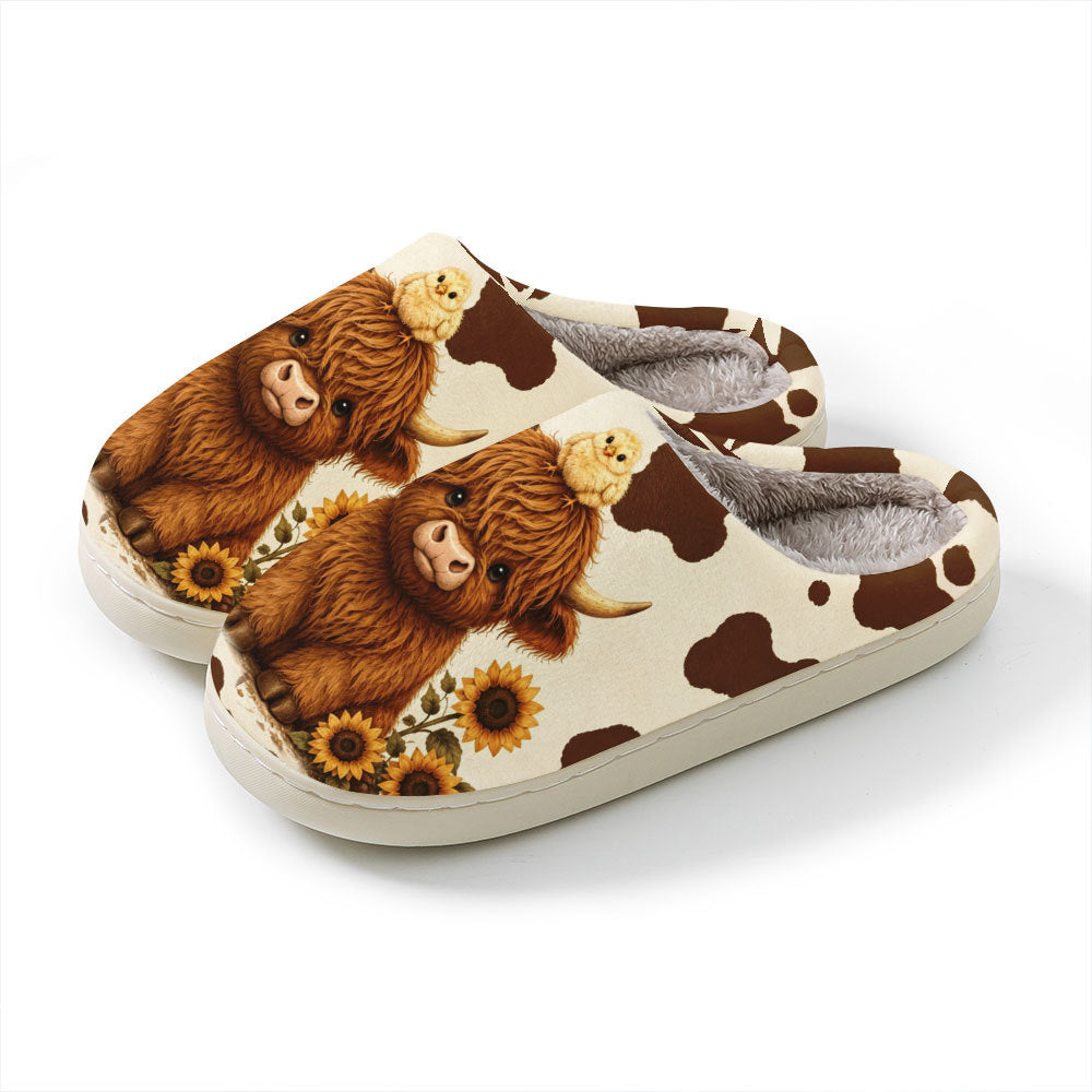 Warme Damen-Pantoletten mit Hochlandrind, Küken und Sonnenblumen – Ansicht 10