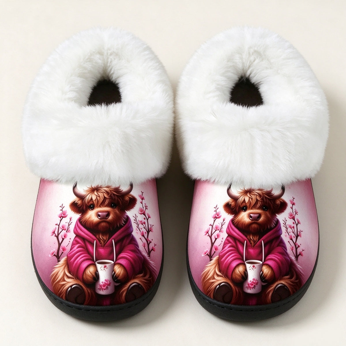 Damen-Pantoffeln mit Flauschkragen und Hochlandrind-Motiv – Ansicht 5