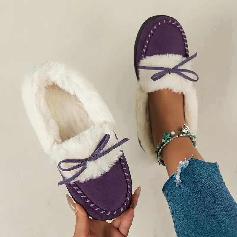 Warme Damen-Langflor-Slipper mit Schleife – Ansicht 4