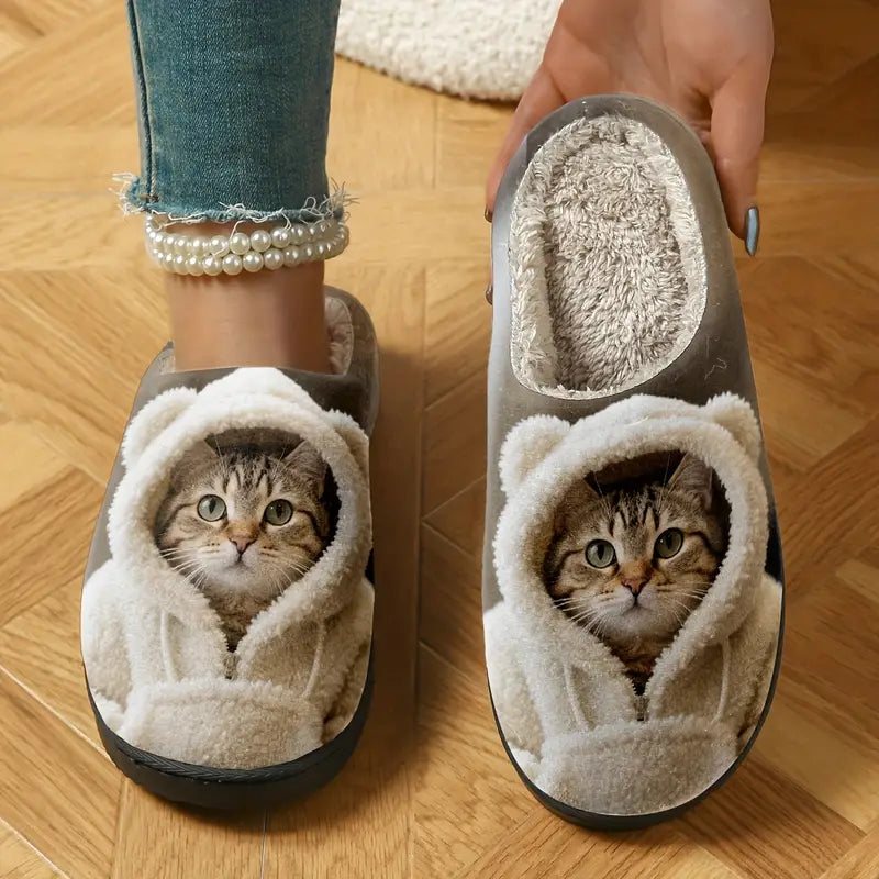 Weiche Damen-Hausschuhe mit Katzenmotiv – Ansicht 1