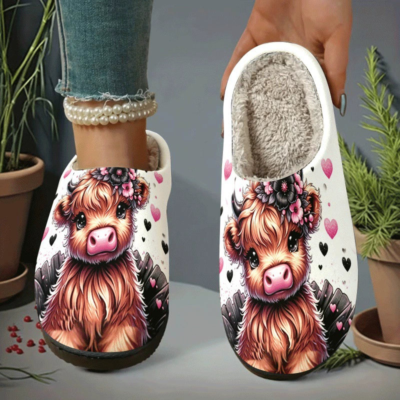 Damen-Pantoffeln mit Hochlandrind, Herzen und Blumen – Ansicht 1