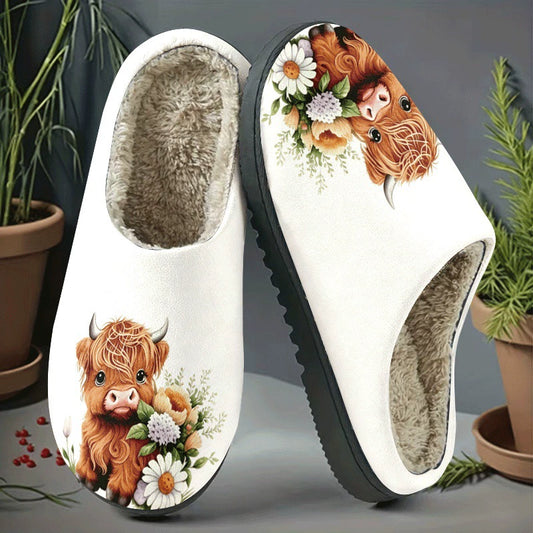 Gemütliche Pantoffeln mit Hochlandrind und Blumenmuster – Ansicht 1