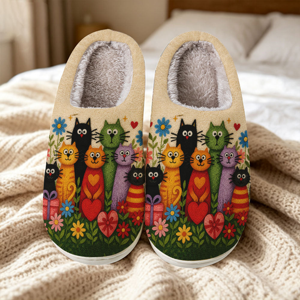 Flauschige Damen-Hausschuhe mit Katzen und Blumen – Ansicht 1