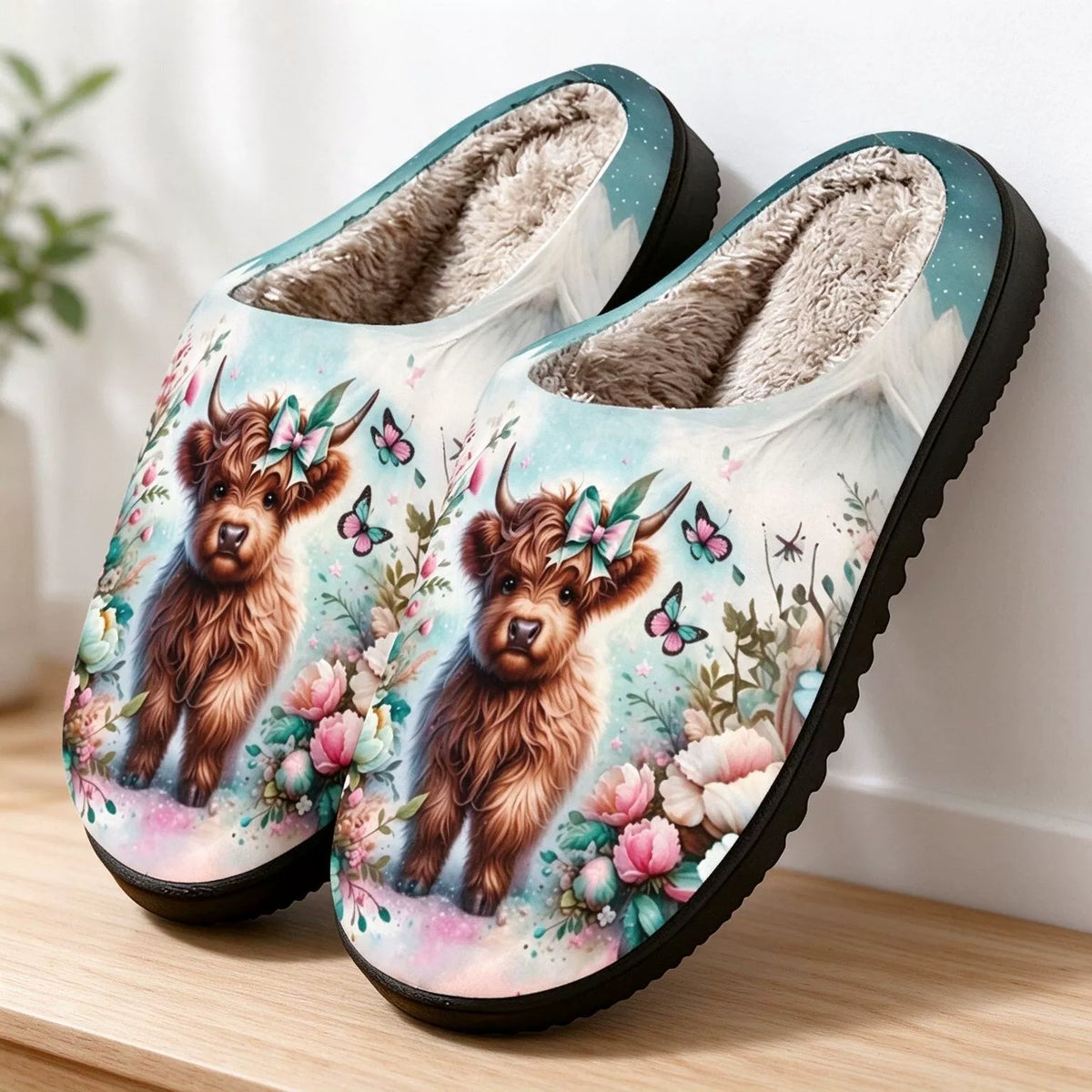 Gefütterte Damen-Pantoffeln mit Hochlandrind und Blumen – Ansicht 1