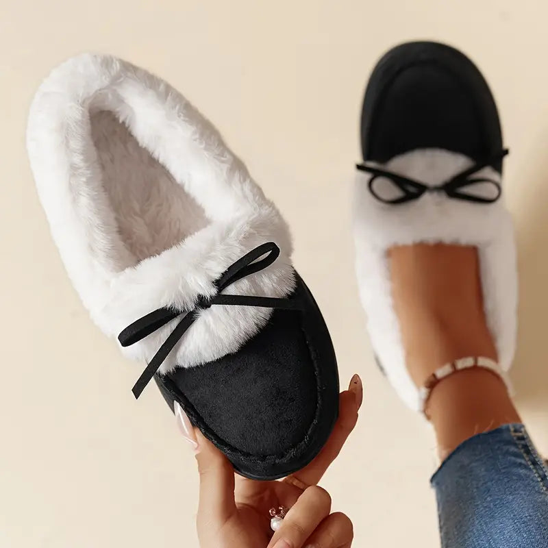 Warme Damen-Langflor-Slipper mit Schleife – Ansicht 1