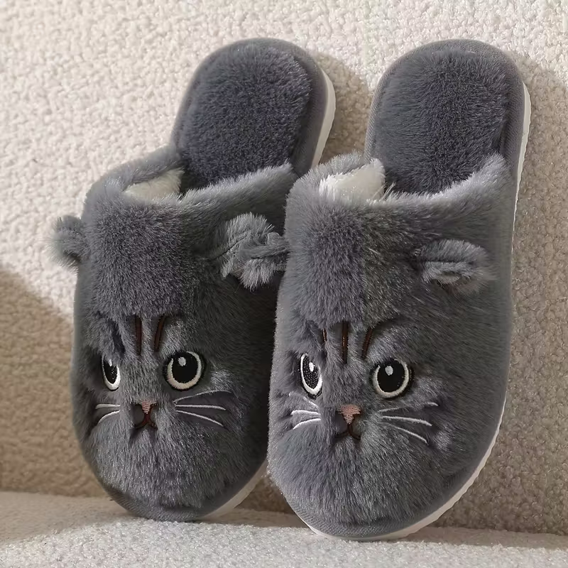 Warme Damen-Plüschhausschuhe mit Katzenmotiv – Ansicht 7