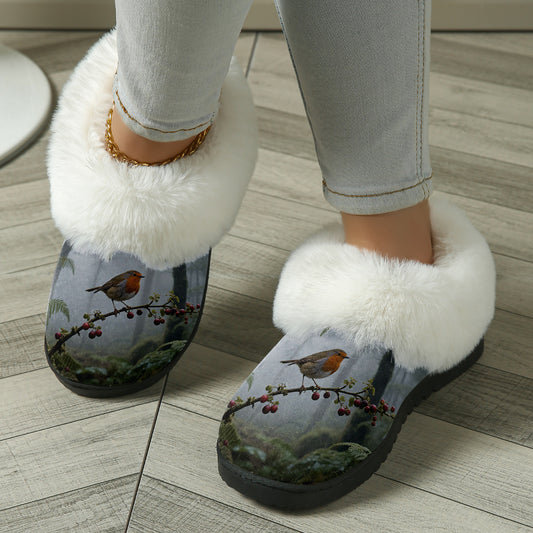Flauschige Damen-Hausschuhstiefel mit Rotkehlchenmotiv – Ansicht 1