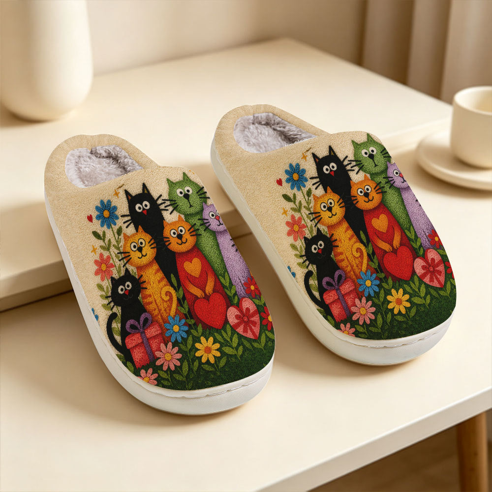 Flauschige Damen-Hausschuhe mit Katzen und Blumen – Ansicht 5
