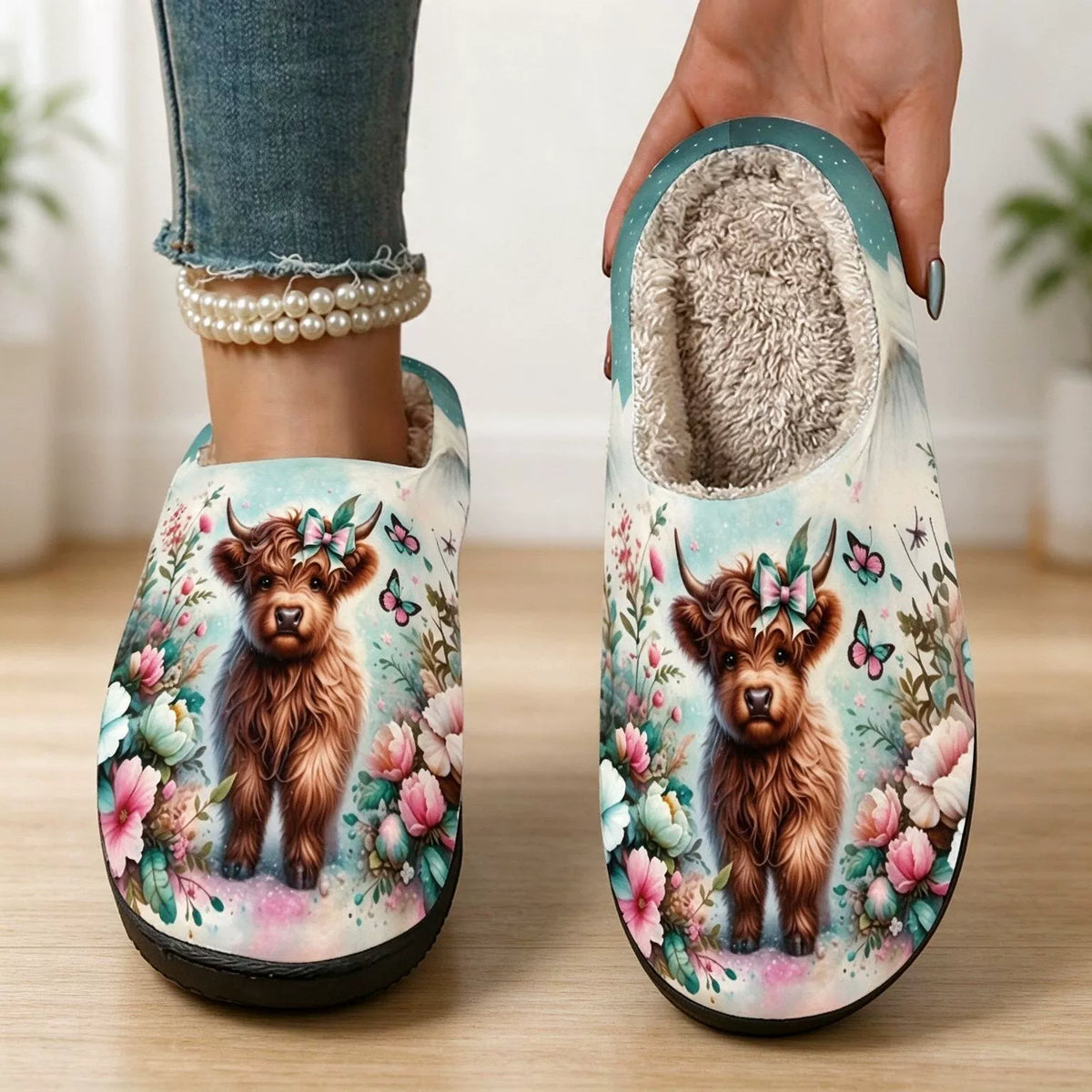 Gefütterte Damen-Pantoffeln mit Hochlandrind und Blumen – Ansicht 2