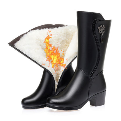 Damen-Lederstiefel mit Rosenmotiv, Plüschfutter und Blockabsatz – Ansicht 1