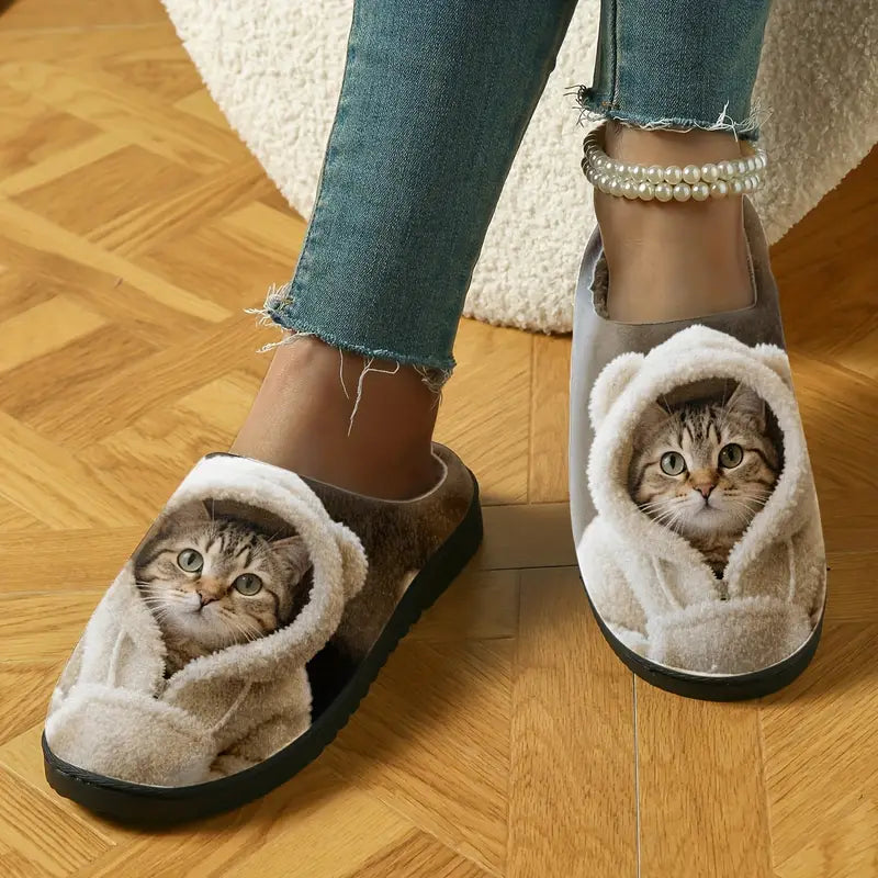 Weiche Damen-Hausschuhe mit Katzenmotiv – Ansicht 2