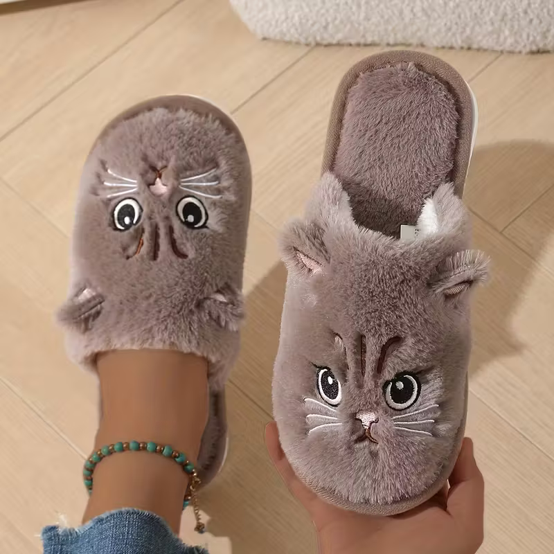 Warme Damen-Plüschhausschuhe mit Katzenmotiv – Ansicht 9