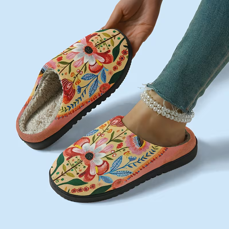 Kuschelige Damen-Plüschpantoffeln mit Blumenmuster – Ansicht 1