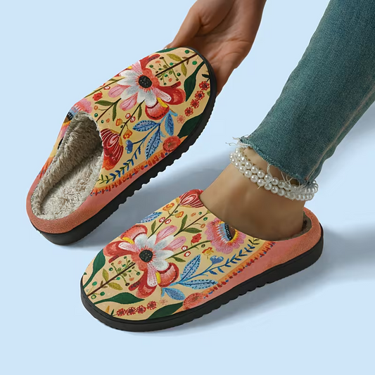 Kuschelige Damen-Plüschpantoffeln mit Blumenmuster – Ansicht 1