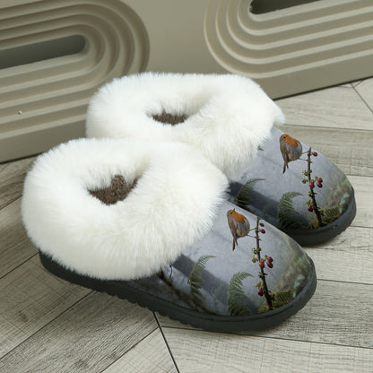 Flauschige Damen-Hausschuhstiefel mit Rotkehlchenmotiv – Ansicht 5