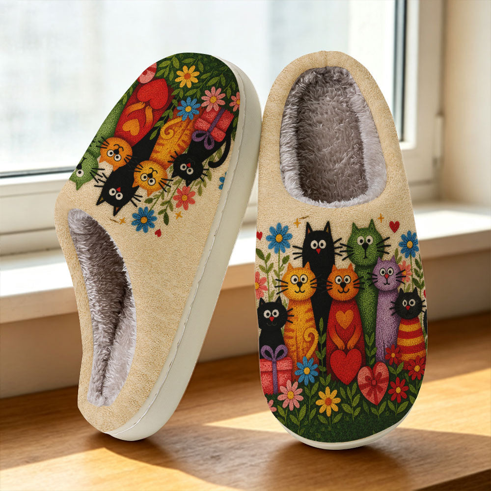 Flauschige Damen-Hausschuhe mit Katzen und Blumen – Ansicht 4