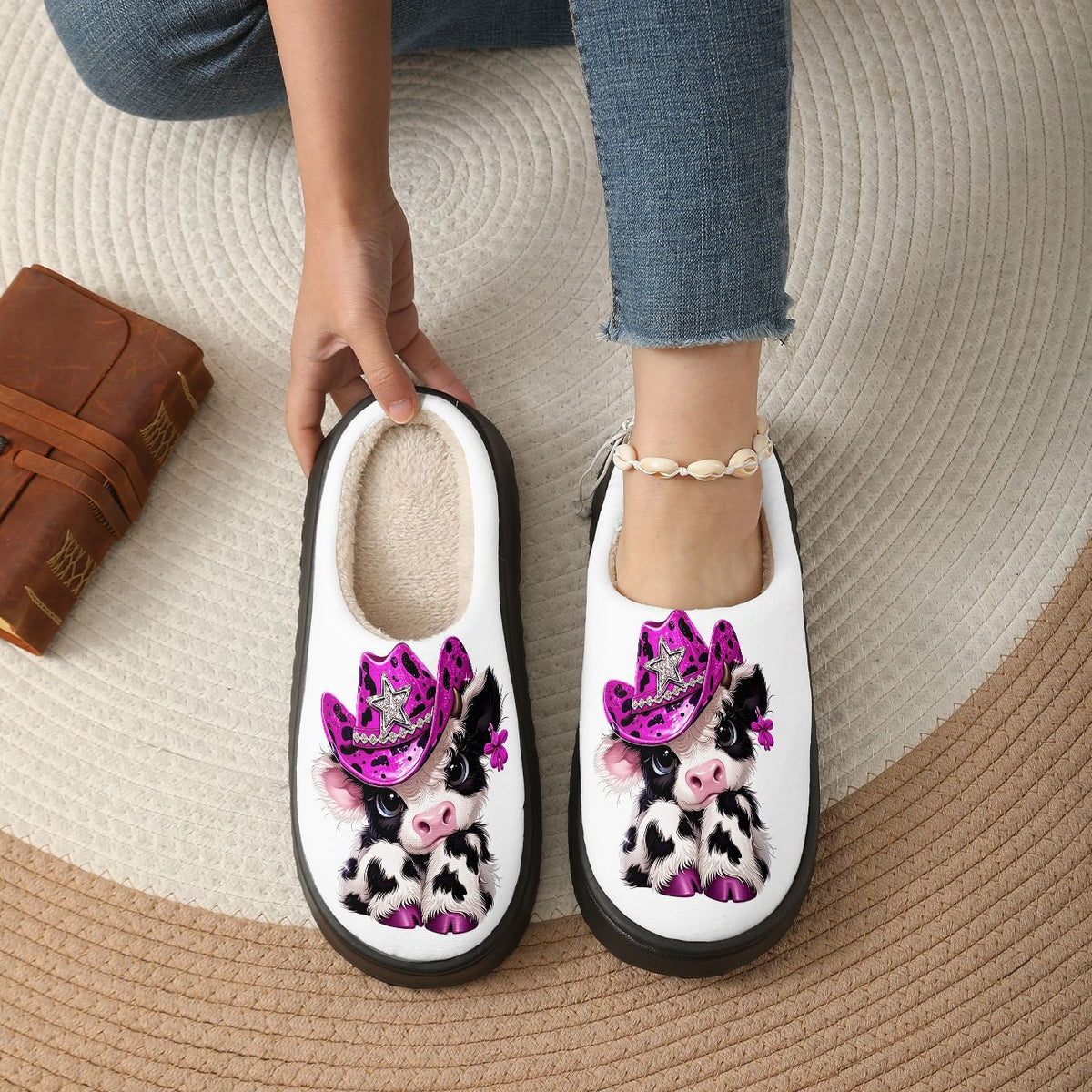 Damen-Pantoffeln mit Hochlandrind und rosa Cowboyhut – Ansicht 4
