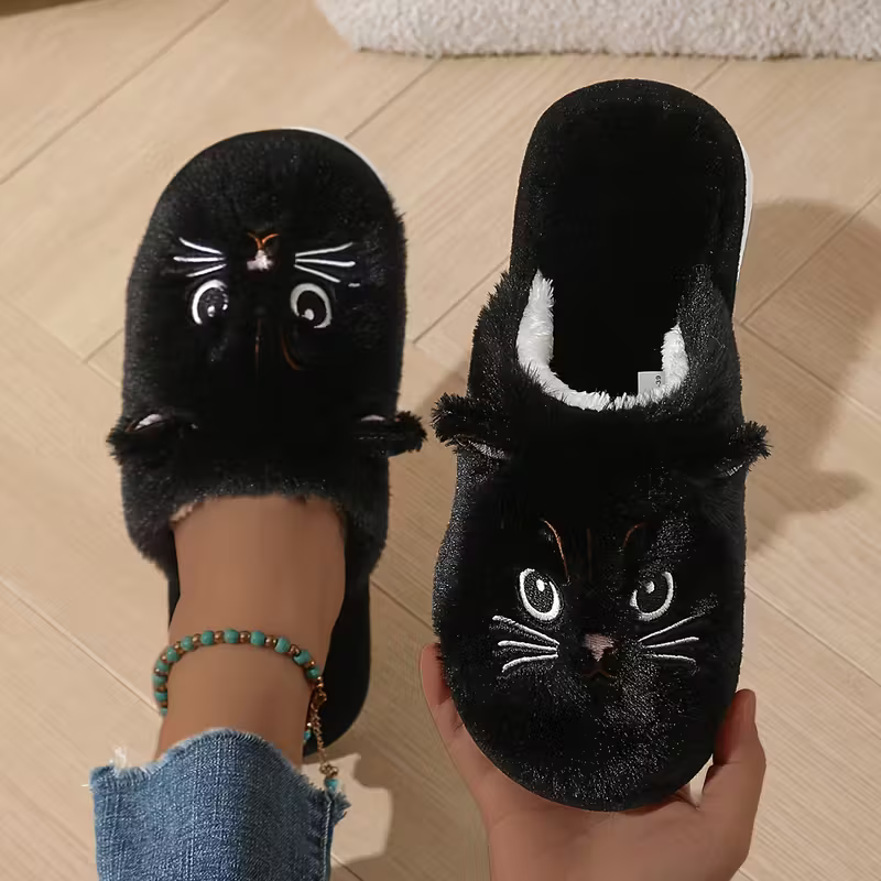 Warme Damen-Plüschhausschuhe mit Katzenmotiv – Ansicht 3