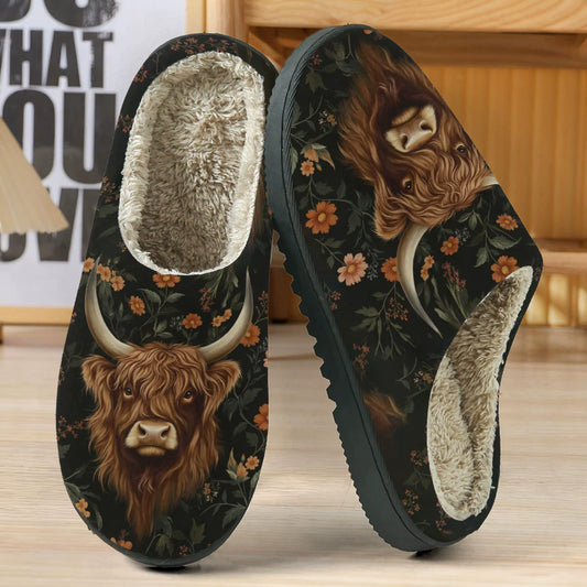 Gemütliche Damen-Pantoffeln mit Hochlandrind und Blumen – Ansicht 1