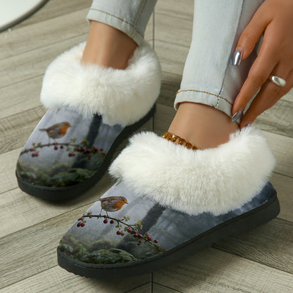 Flauschige Damen-Hausschuhstiefel mit Rotkehlchenmotiv – Ansicht 4