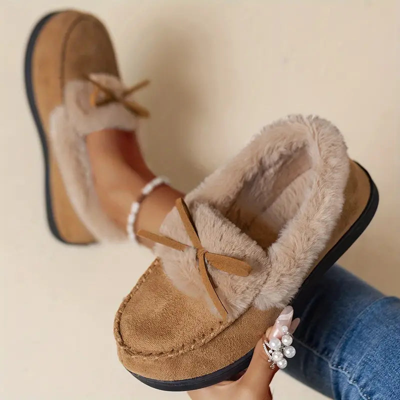 Warme Damen-Langflor-Slipper mit Schleife – Ansicht 2