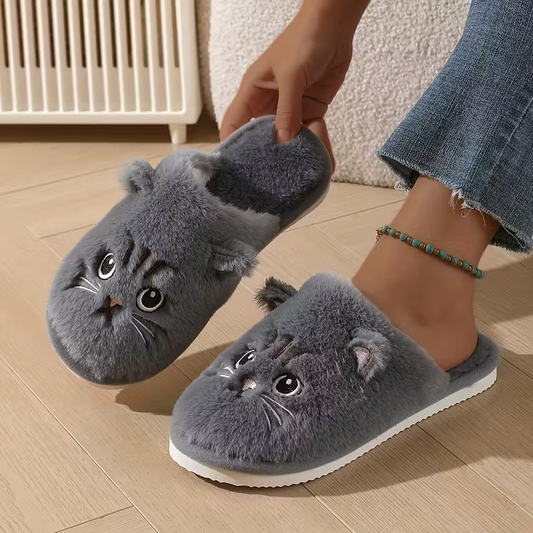 Warme Damen-Plüschhausschuhe mit Katzenmotiv – Ansicht 1
