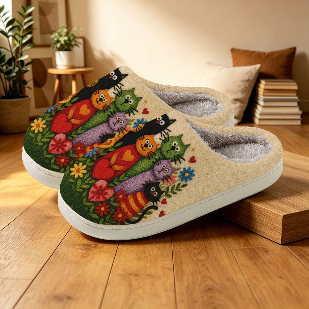 Flauschige Damen-Hausschuhe mit Katzen und Blumen – Ansicht 3