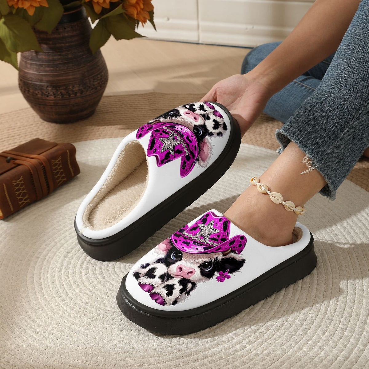 Damen-Pantoffeln mit Hochlandrind und rosa Cowboyhut – Ansicht 3