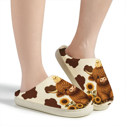 Warme Damen-Pantoletten mit Hochlandrind, Küken und Sonnenblumen – Ansicht 5