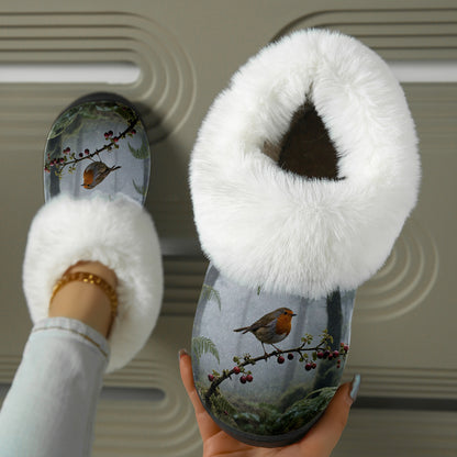 Flauschige Damen-Hausschuhstiefel mit Rotkehlchenmotiv – Ansicht 3