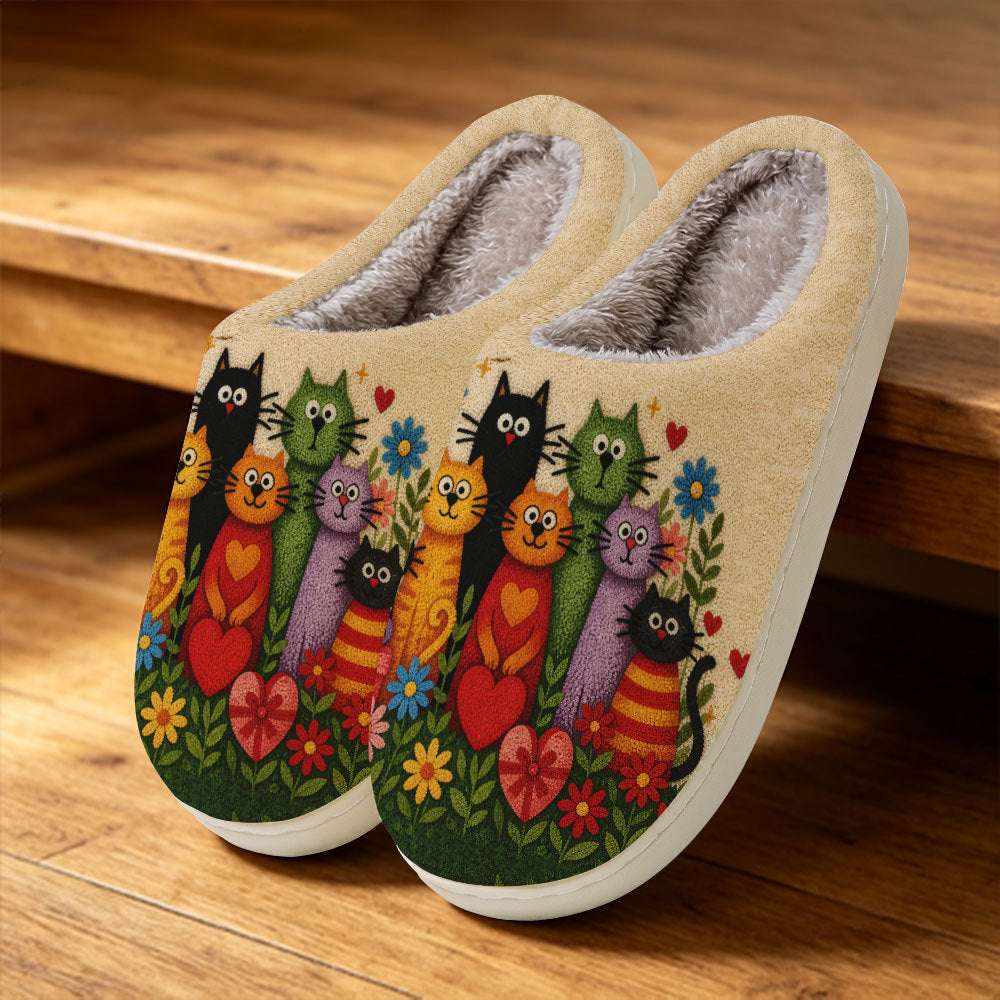 Flauschige Damen-Hausschuhe mit Katzen und Blumen – Ansicht 2