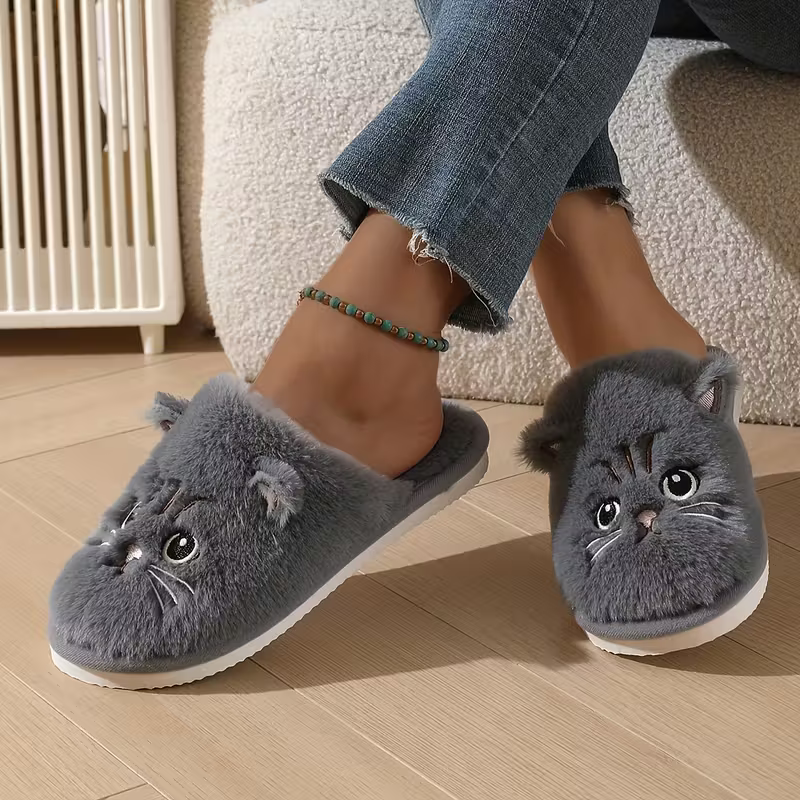 Warme Damen-Plüschhausschuhe mit Katzenmotiv – Ansicht 8