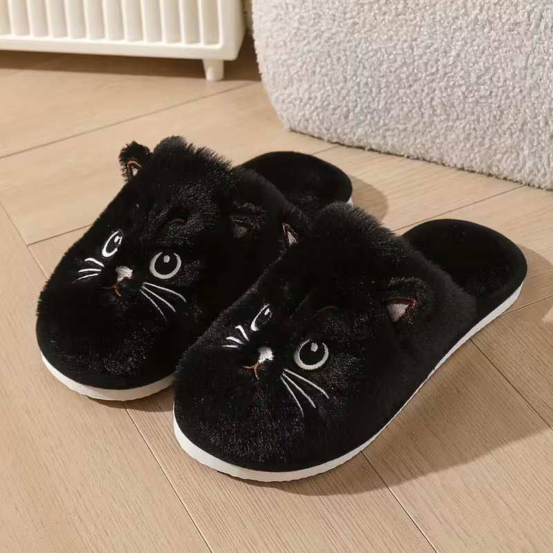 Warme Damen-Plüschhausschuhe mit Katzenmotiv – Ansicht 11