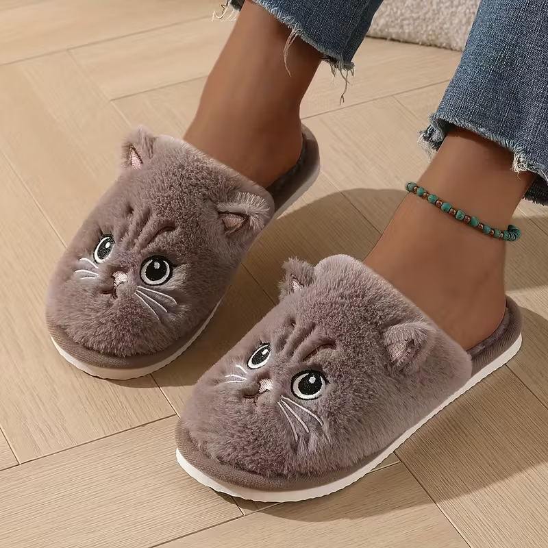 Warme Damen-Plüschhausschuhe mit Katzenmotiv – Ansicht 2