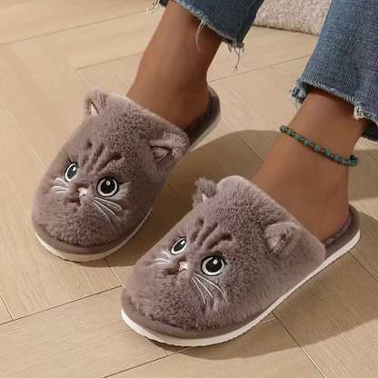 Warme Damen-Plüschhausschuhe mit Katzenmotiv – Ansicht 2