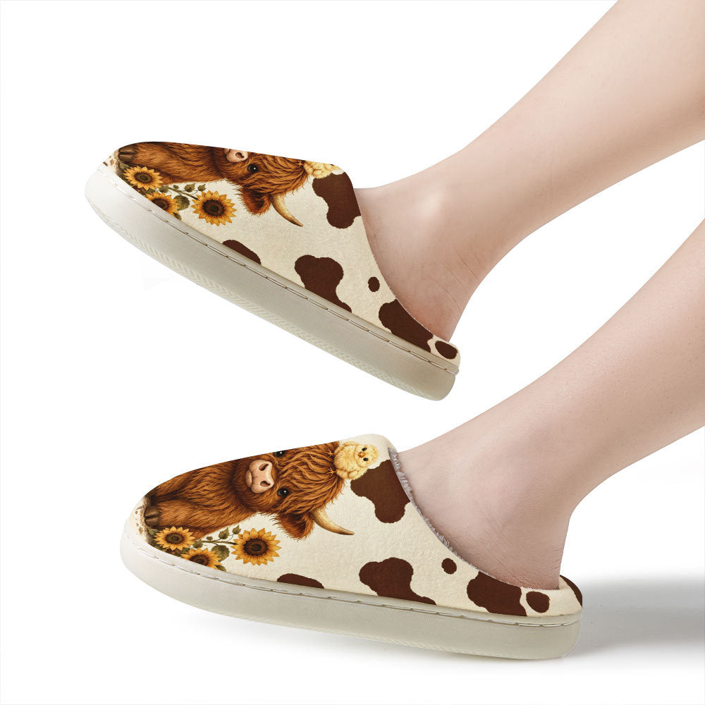 Warme Damen-Pantoletten mit Hochlandrind, Küken und Sonnenblumen – Ansicht 6