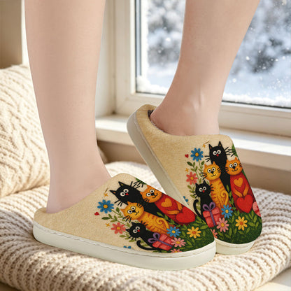 Flauschige Damen-Hausschuhe mit Katzen und Blumen – Ansicht 7