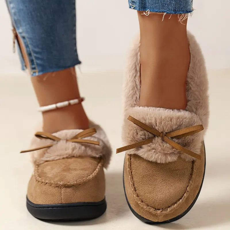 Warme Damen-Langflor-Slipper mit Schleife – Ansicht 9