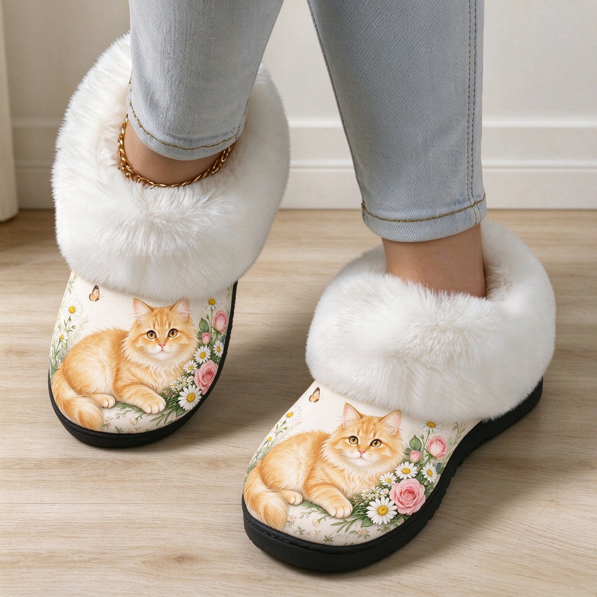 Gemütliche Damen-Fleecehausschuhe mit Katzenmotiv – Ansicht 4