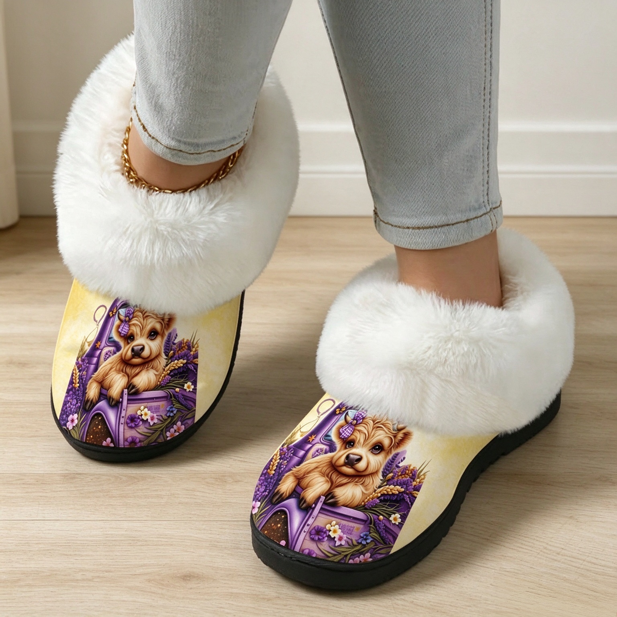 Flauschige Damen-Hausschuhe mit Hochlandrind und Blumen – Ansicht 2