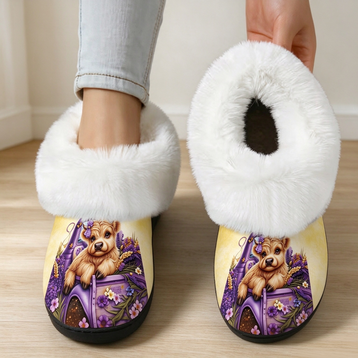 Flauschige Damen-Hausschuhe mit Hochlandrind und Blumen – Ansicht 1