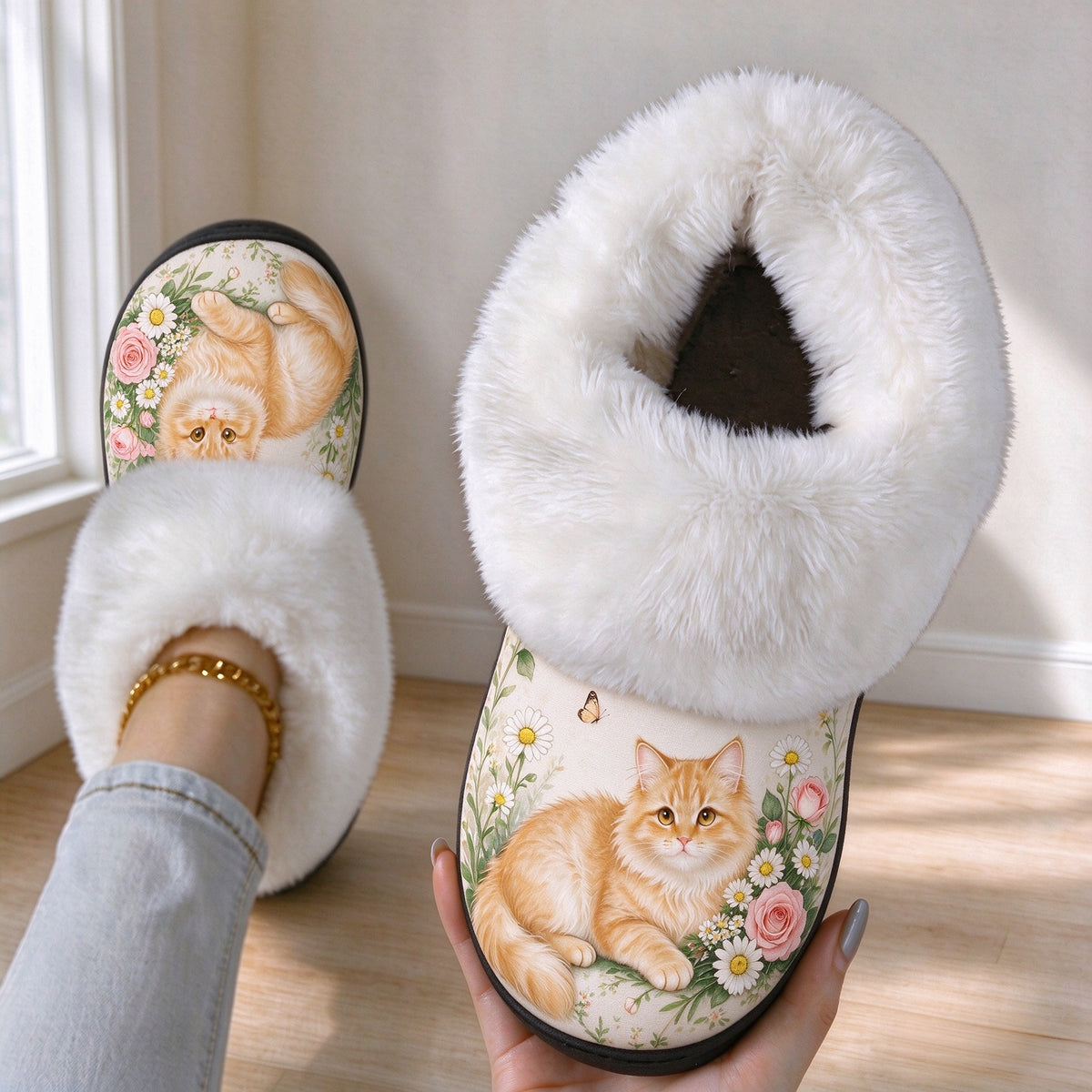 Gemütliche Damen-Fleecehausschuhe mit Katzenmotiv – Ansicht 1