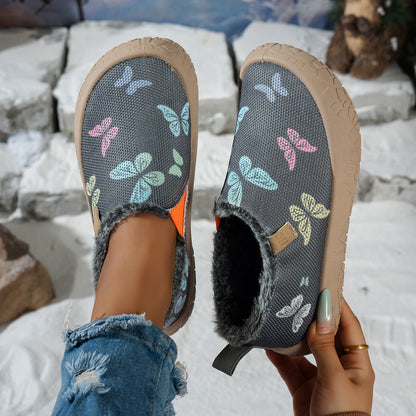 Warme Damen-Winterslipper mit Schmetterlingsmotiv und Fleecefutter – Ansicht 3