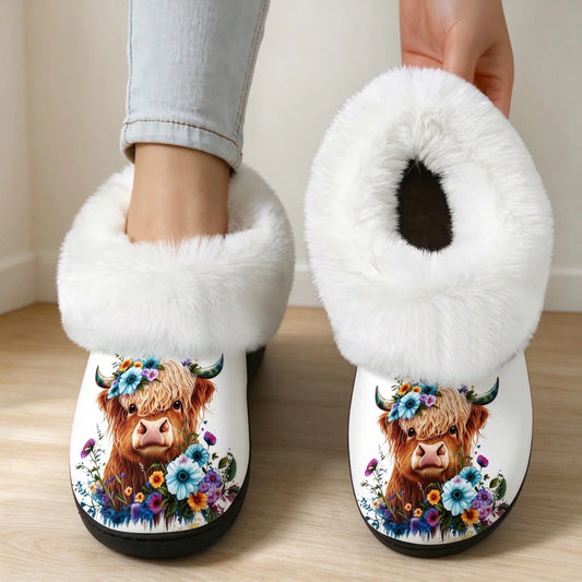 Gemütliche Damen-Pantoffeln mit Hochlandrind und Blumen – Ansicht 1