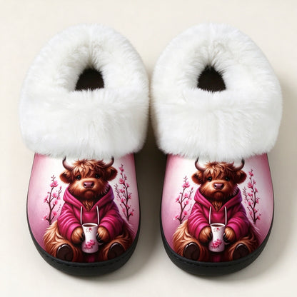Damen-Pantoffeln mit Flauschkragen und Hochlandrind-Motiv – Ansicht 5