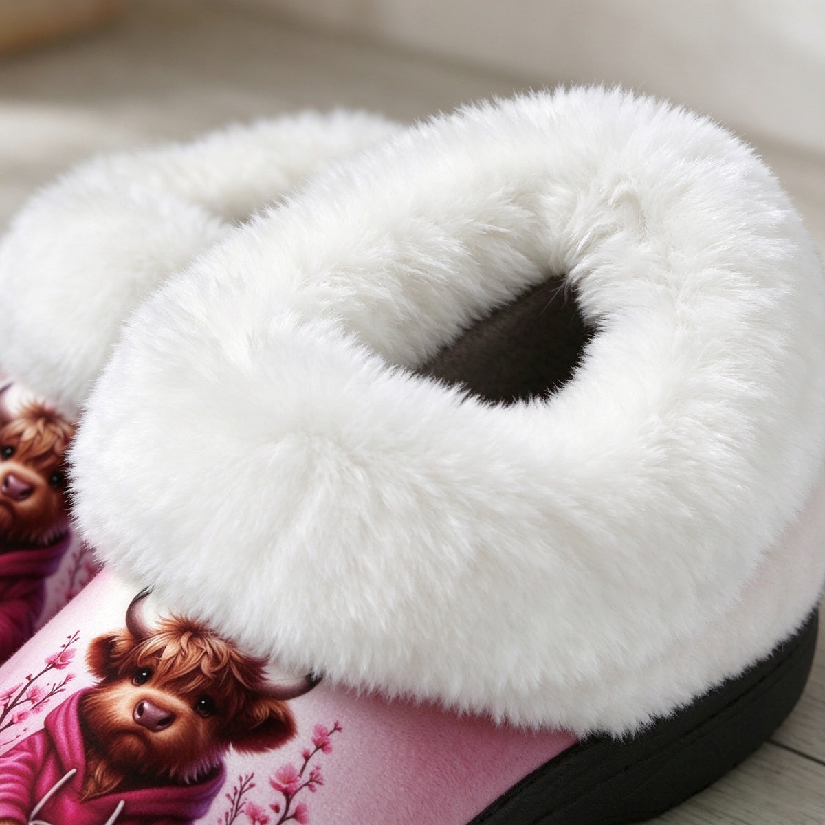 Damen-Pantoffeln mit Flauschkragen und Hochlandrind-Motiv – Ansicht 3