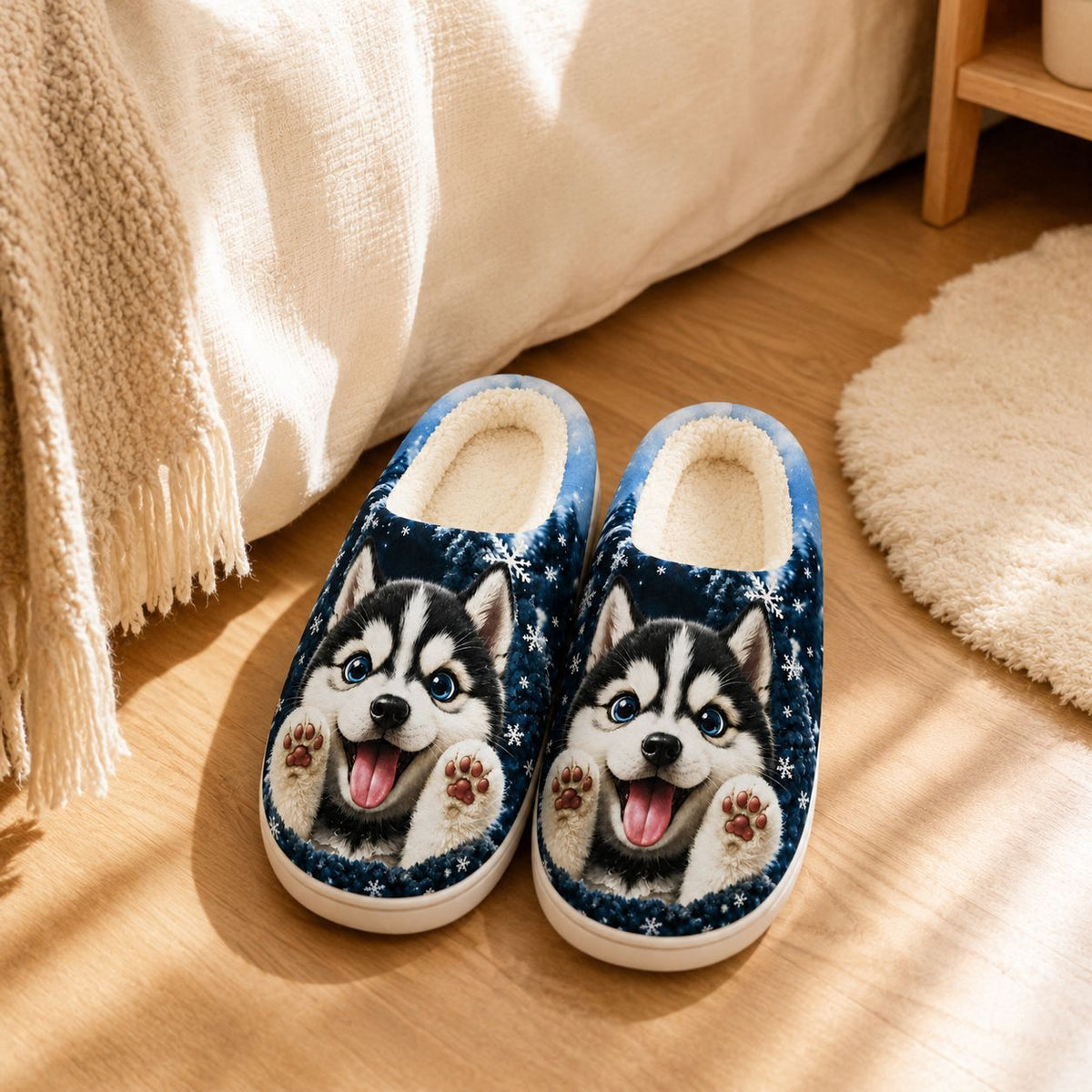 Gemütliche Damen-Hausschuhe mit Husky-Welpenmotiv – Ansicht 1