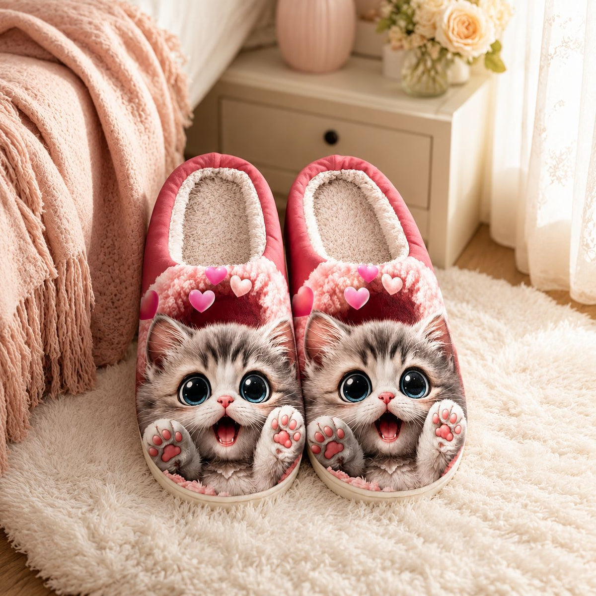 Gemütliche Damen-Hausschuhe mit Katzenmotiv – Ansicht 4