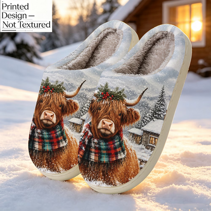 Damen-Fleecehausschuhe mit weihnachtlichem Hochlandrind – Ansicht 2