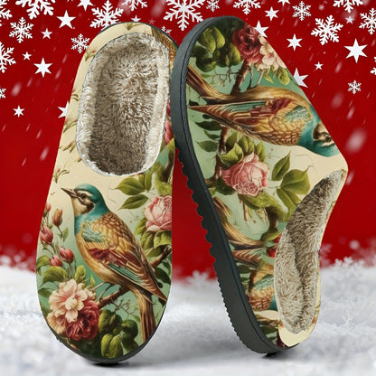Damen-Fleecehausschuhe mit Vogel- und Rosenmotiv – Ansicht 2